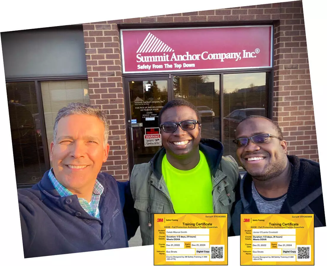 3M Authorized Trainer Gus Strats, left, with Caleb Smith and Javier Crockett, far right, after completing Authorized Person Fall Protection training on December 21, 2022