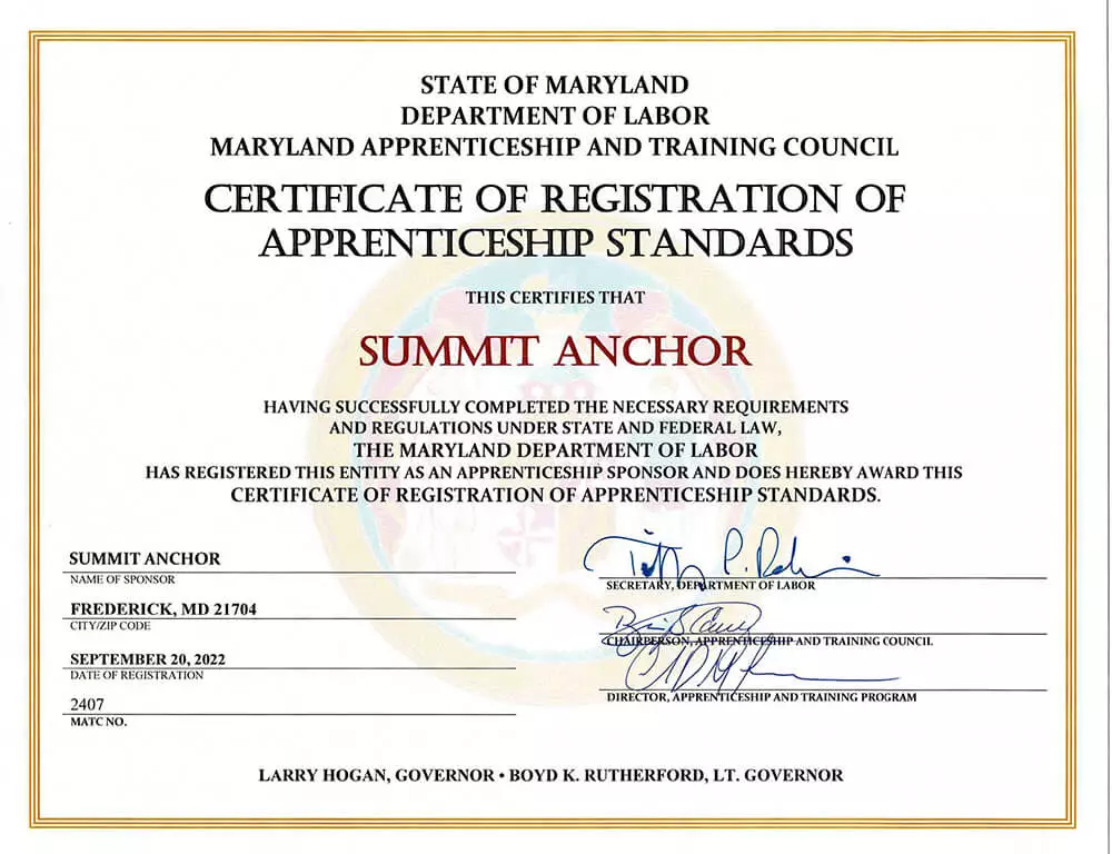 Maryland Department of Labor - Certificate of Registration of Apprenticeship Standards